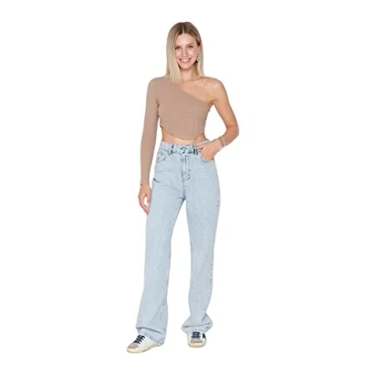 Image of Trendyol Women High Waist Straight Leg Wide Jeans Light Blue