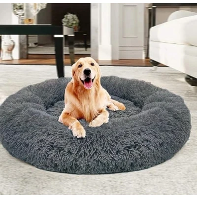 Image of Yuly Warm Extra Large Donut Dog Beds, Calming Bed for Dog, Faux Fur Washable Pet Bed, Self Warming Round Plush Beds Medium (110cm Dark Grey)