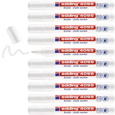 Image of edding 4095 chalk marker white 10 pens round tip 2 3 mm medium tipped wet wipe pen for chalkboards, windows, glass, mirrors liquid opaque coverage