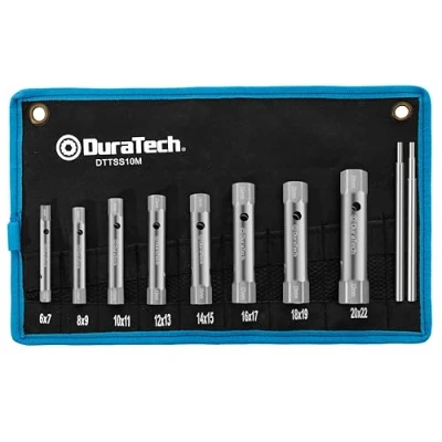 Image of DURATECH 10 Piece Tubular Box Spanner Set with 2 Tommy Bars, Metric, 6 22mm, Back Nut Tap for Plumbing, Installations, and Vehicle Repairs