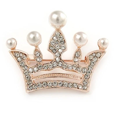 Image of Avalaya Clear Crystal, White Faux Glass Pearl Crown Brooch in Rose Gold Metal 40mm W