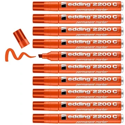Image of edding 2200 C permanent marker orange box of 10 chisel tip 1 5 mm quick drying pen waterproof, smudge proof for cardboard, plastic, wood, metal, fabric