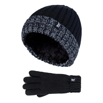 Image of HEAT HOLDERS Children Boys Winter Warm Fleece Lined Insulated Knit Turn Over Cuff Ribbed Hat and Gloves Set (11+ Years, BS2P911)