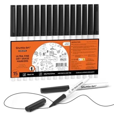 Image of Shuttle Art Ultra Fine Tip Whiteboard Pens, 15 Pack Black Markers Erasable, 0.7mm Felt Dry Wipe for Writing on Whiteboards, Erase Boards, Planner School Office Home