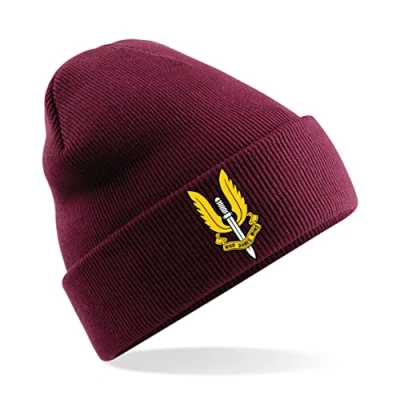 Image of PSave SAS Special Air Service Who Dares Wins Insignia Mens Premium Embroidered Beanie Hat, Bob Hat British Army Military (Maroon)