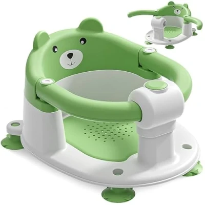 Image of EzyWay Baby Bath Seat for Babies 6 Months &amp; Up, Toddler Seats Sitting Non Slip Infant Tub Chair with 4 Suction Cups Soft Cushion Shower (Green)