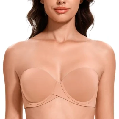 Image of MELENECA Women&#039;s Push up Strapless Bras with Lift Stay Put Padded Cup Cappuccino 38D