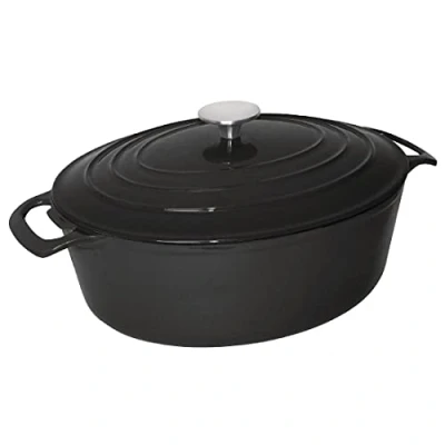 Image of Vogue Cast Iron Oval Casserole Dish 6 Litre, Black &amp; Cream, Size: 125(H) x 230(W) 305(D)mm, Enamelled Iron, Induction All Heat Source Compatible, GH310