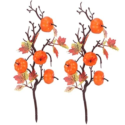 Image of Artificial Pumpkin Branches, Maple Leaf Picks, Fall Stems for Vases, Fake Twig Stem Flower Autumn Floral Picks Halloween Thanksgiving Festival Home Garden Decor (2PCS)