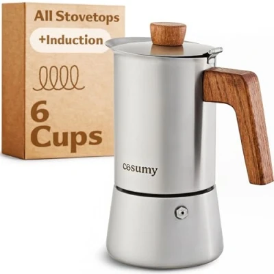 Image of Cosumy Espresso Maker Induction Stainless Steel Moka Pot 6 Cups Coffee Suitable for All Hobs FSC® Oak Wood