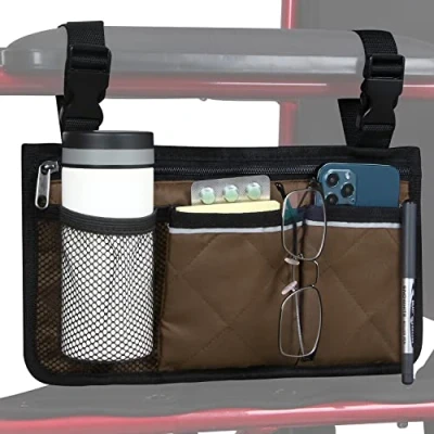 Image of HSGEZUOQI Wheelchair Side Bag, Armrest Storage Pouch with Cup Holder and Reflective Strip for Wheelchairs, Walkers or Rollators (Coffee)