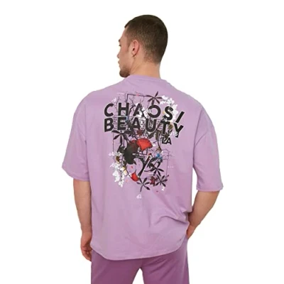 Image of Trendyol Man Young Oversize Basic Crew Neck Woven T Shirt Lilac