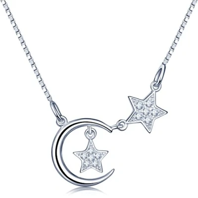 Image of Infinite U Fashion Crescent Moon Double Stars 925 Sterling Silver Cubic Zirconia Pendant Necklace Necklet for Women/Girls,