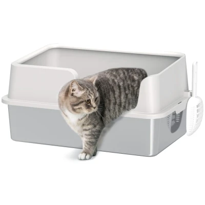 Image of PawHut Stainless Steel Litter Box, High Sided Metal Cat Tray with Detachable Rim, Scoop, Easy Cleaning, Odour Resistant, 60 x 40 28 cm