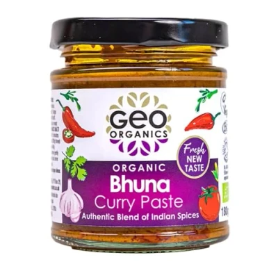Image of Geo Organics Bhuna Curry Paste 180g (Pack of 1) Serves 4 Organic Certified &amp; Vegan Friendly Indian Authentic Restaurant Recipe Base Food