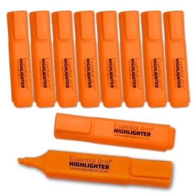 Image of Essential Arts Square Orange Highlighter Pen Pack of 10 Chisel Tip Fluorescent Highlight Marker Pens for Office, School Art and Business