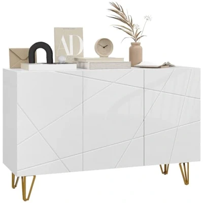 Image of HOMCOM Storage Cabinet with High Gloss, Freestanding Sideboard Adjustable Shelves, Soft Close Doors and Gold Tone Hairpin Legs for Living Room, Dining Hallway, White