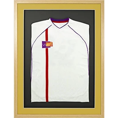 Image of Vivarti DIY Adult 3D Mounted Sports Shirt Display Frame for Football Shirt, Rugby Band T Shadow Box 60 x 80cm Oak Frame, Gold Mount, Black Backing Card