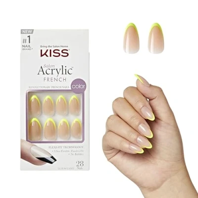 Image of KISS Salon Acrylic French Color Press On Nails, ‘Hype’, Neon Yellow, Medium Almond, 31 Ct.