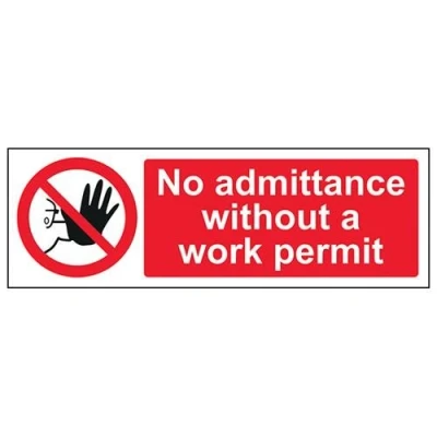 Image of V Safety No Admittance Without Work Permit Prohibition Sign 300mm x 100mm Self Adhesive Vinyl