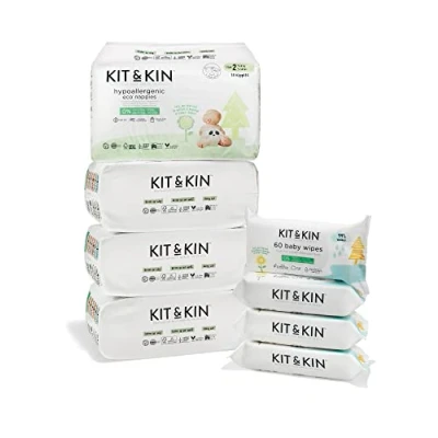 Image of Kit &amp; Kin Premium Eco Size 2 Starter Pack Bundle Sustainable Baby Nappies 99% Water Wipes Hypoallergenic with Flash Dry High Performance Layer 152 Nappies, 240