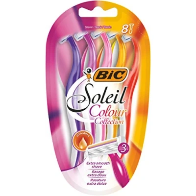 Image of BIC Miss Soleil Colour Collection 3 Blade Razors for Women with Easy Grip Handle and Lubricating Strips, Pack of 8