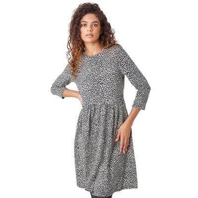 Image of Roman Originals Shift Dress with Pockets for Women UK Ladies Summer Autumn Winter Smart Casual Work Short 3/4 Sleeve Tunic Knee Length Pleated Gathered Waist Tea Loose Black Ivory Size 18