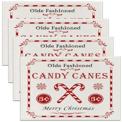Image of Christmas Placemats Set of 4 Quote for Dining Table Indoor Outdoor Kitchen 45X30cm Candy Canes Print Mats Placemat Xmas White Decor Place