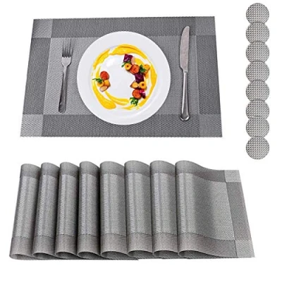Image of Placemats, Placemats and Coaster Sets 8, PVC Heat resistant Table Mats Set Washable with 8 x Non slip + Round Coasters for Kitchen Dining (Grey)
