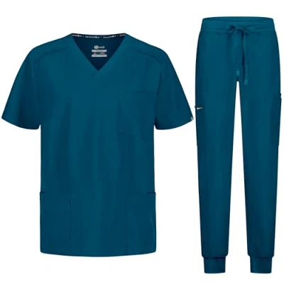 Image of B well Matteo Men&#039;s Scrub Set Slip On Tunic + Jogging Trousers Medical Doctor Uniform Work Wear with Elastane, Caribbean Green, XXL