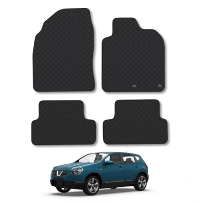 Image of Rubber Car Mats Compatible with Nissan Qashqai (2007 2014) Tailored Fit Floor Set Accessory Black Custom 4 Pieces Clips Anti Slip Backing, Heavy Duty &amp; Waterproof