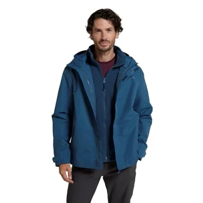 Image of Mountain Warehouse Fell Mens 3 in 1 Water Resistant Jacket Adjustable Coat with Packaway Hood, Detachable Inner Fleece &amp; Many Pockets For Hiking Outdoors Dark Blue 3XL