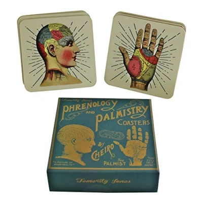 Image of Temerity Jones Set of 6 Phrenology Palmistry Cork Backed Coffee Mug Drink Coasters Boxed