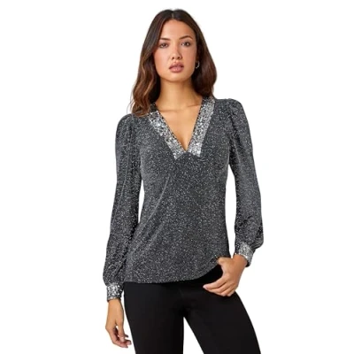 Image of Roman Originals Sequin Trim Stretch Top for Women UK Ladies Everyday Holiday Autumn Winter Pull On V Neck Long Sleeves Comfy Soft Evening Vacation Work Party Silver Size 14
