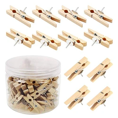 Image of KnR Harmony Push Pins with Wooden Clips 50Pcs Pushpins Paper Clothespins Natural Thumbtacks for Cork Boards Artworks Notes Photos Craft Projects