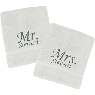 Image of TeddyT&#039;s Personalised Mr &amp; Mrs Embroidered Towels Gift Set (All White with Charcoal, Hand Towel (80x50cm))