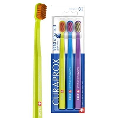 Image of Curaprox CS 5460 Toothbrush Set, Ultra Soft Manual for Adults, with Super CUREN Bristles, Green, Blue, Purple, Pack of 3
