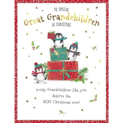 Image of Piccadilly Greetings Character Christmas Card, To Great Grandchildren, Penguins 8 x 6 inches