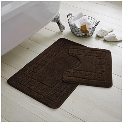 Image of GC GAVENO CAVAILIA Greek Key Pattern Bath Mats 2 Piece Sets Non Slip, Soft Washable Rug Quick Dry Water Absorbent Bathroom Shower Mat &amp; Pedestal Set, Choco