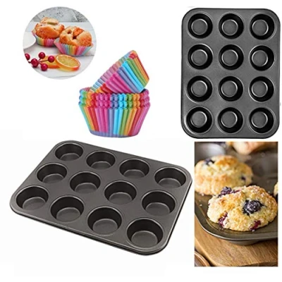 Image of Ultra Non Stick Baking SPRINGFORM Cake TINS &amp; Pack 12 Rainbow Cupcake Cases Tins, Molds (12 Cup Muffin Tray)