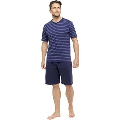 Image of Tom Franks Mens Striped Cotton Jersey T Shirt &amp; Short Pyjamas Navy Blue Medium