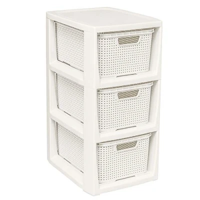 Image of Branq Home essential, Rattan Design BPA Free Plastic 3 Drawer Storage Unit, Ideal for Office, Bedroom and Bathroom Storage, 29.5 x 24 48.7 cm (LxWxH) Cream
