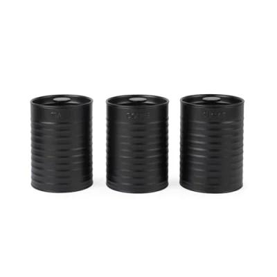 Image of Russell Hobbs RH03268EU7 Ribbed 3 Piece Canister Set of Kitchen Storage Canisters for Tea, Coffee and Sugar, Durable Powder Coated Steel, Pull Top Lids, Easy to Clean, Design, Black