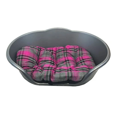 Image of KetoPlastics SMALL SILVER PLASTIC DOG BED WITH PINK TARTAN CUSHION/HEAVY DUTY PET DOG/CAT/ANIMAL/SLEEP/BASKET MADE IN UK