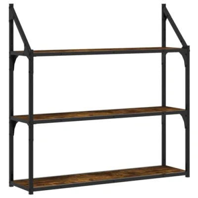 Image of vidaXL Smoked Oak Engineered Wood 3 Tier Wall Shelf, Floating Rack for Home and Office Modern Style, Offering Ample Storage, Durable Construction Brown