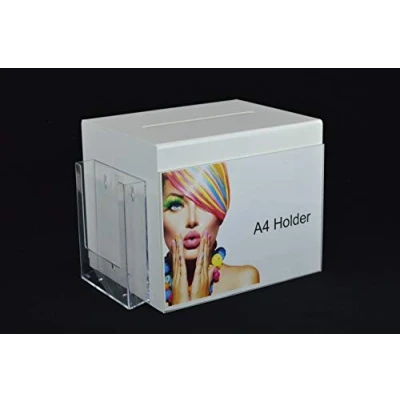 Image of Pos Display Shop Large White Acrylic Suggestion Box/Feedback Box/Ballot Box/Comments Box/Collection Box with A5 Portrait Leaflet Holder + Poster BB0017 LH