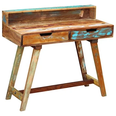 Image of vidaXL Solid Reclaimed Wood Desk with Multicolour Finish, Vintage Style Storage Drawers for Home Office, Boho Furniture