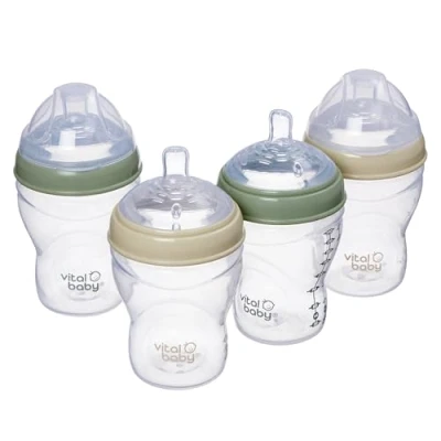 Image of Vital Baby Nurture Breast Like 0m+ Feeding Bottles, 240ml 4pk, Self Sterilising in 3 Mins, Triple Anti Colic Valves, Slow Flow Teats, EarthSmart Biodegradable, BPA Free