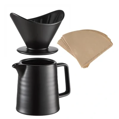 Image of Ceramic Pour Over Coffee Maker, Dripper &amp; Decanter Hand Brewer Durable Carafe and Cone Funnel Drip with Black Filter Pot 1 2 Cup