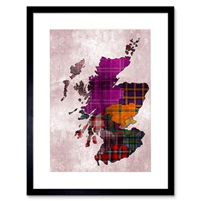 Image of Wee Blue Coo Scotland Map Tartan Regions Artwork Framed Wall Art Print 12X16 Inch
